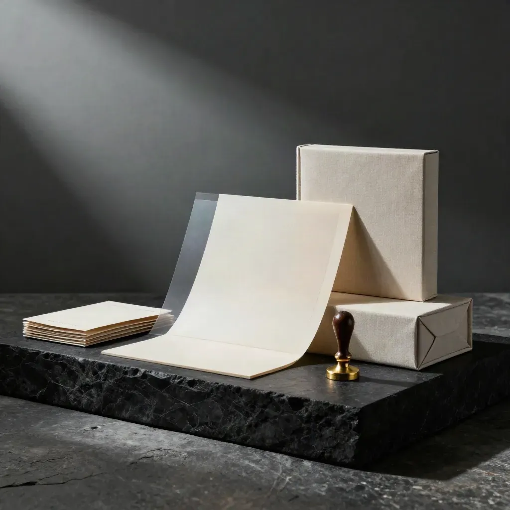Cinematic launch strategy materials on a black stone plinth with brass and ivory accents.