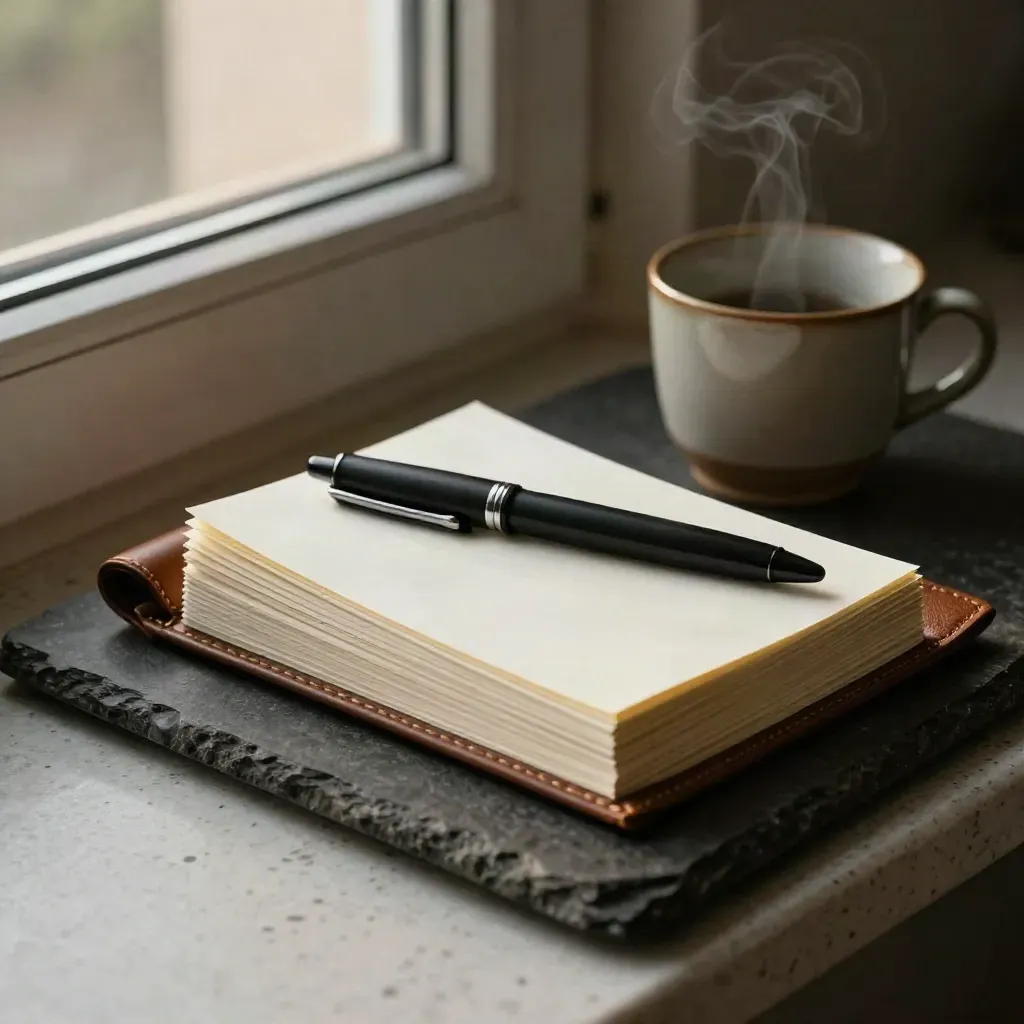 Pen, blank cards, leather binder and steaming cup on a stone tray by a travertine window.