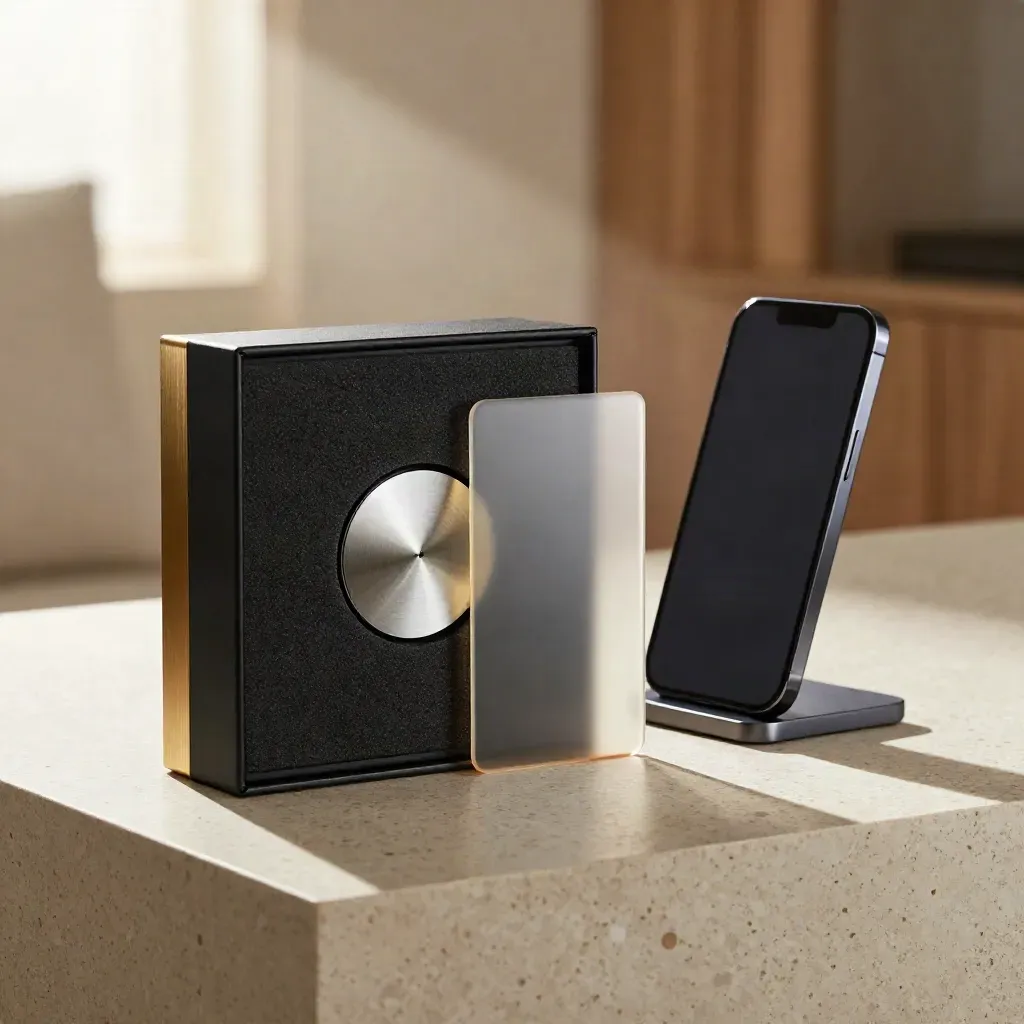 Matte-black fintech launch box with brass token, frosted glass card and phone stand on travertine.