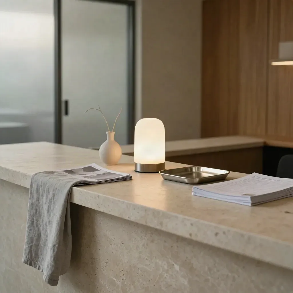 Serene clinic reception with stone counter, folded brochures, vase and glowing lamp in warm daylight.