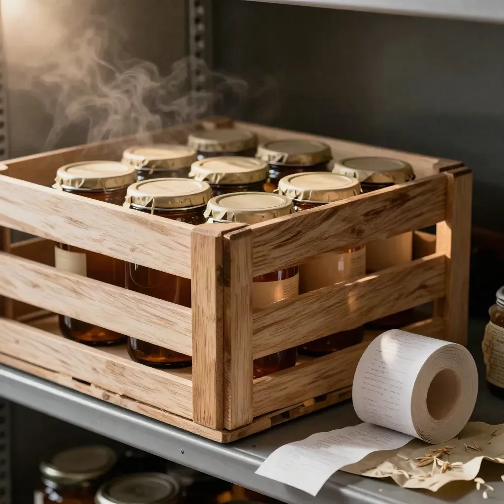 Empty crate, jars, packing paper and steam on a warm pantry shelf