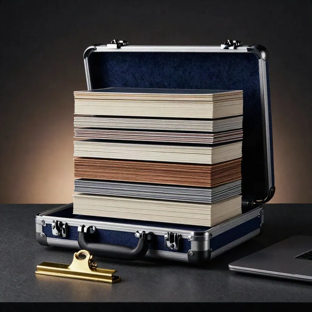 Packed pitch deck case with closed laptop and brass clip on a dark table, editorial still-life.