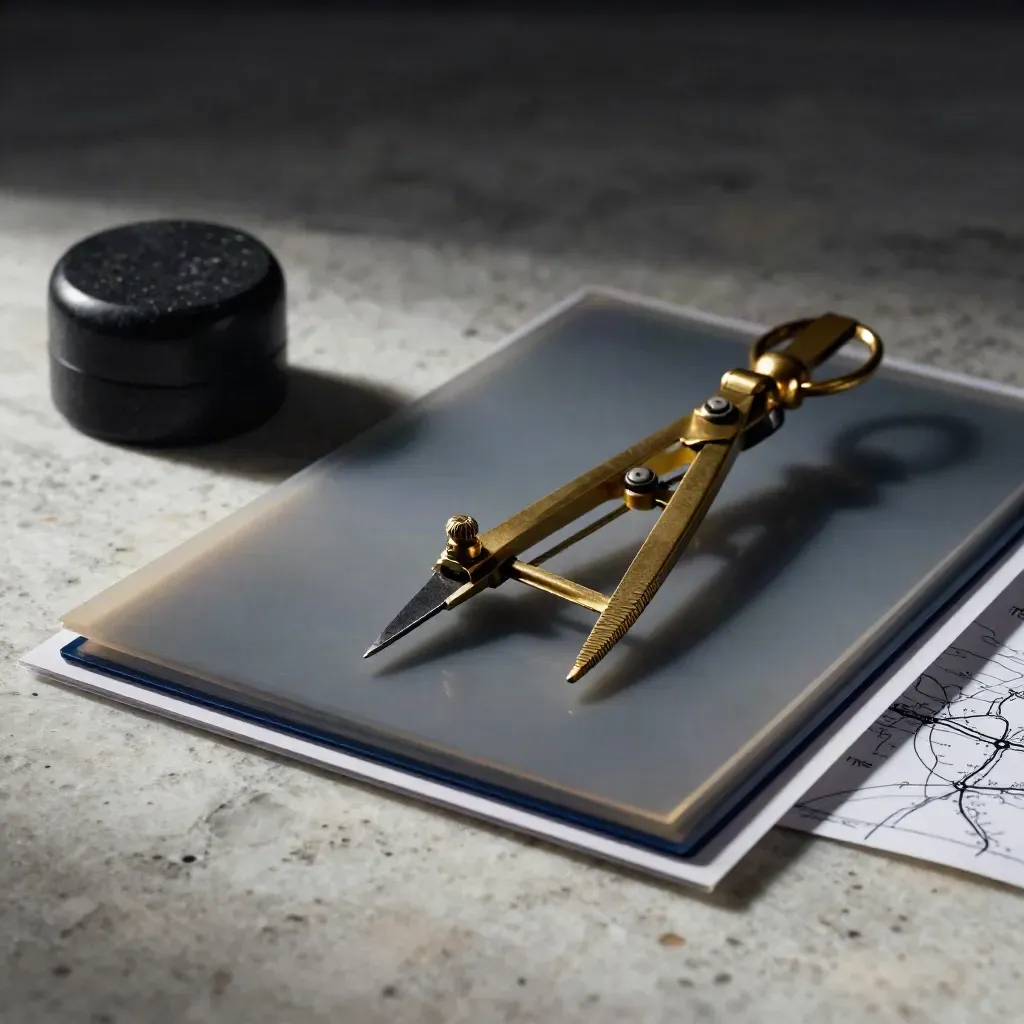 Brass compass, acetate sheets, paperweight and route sketch on travertine in dramatic low light.