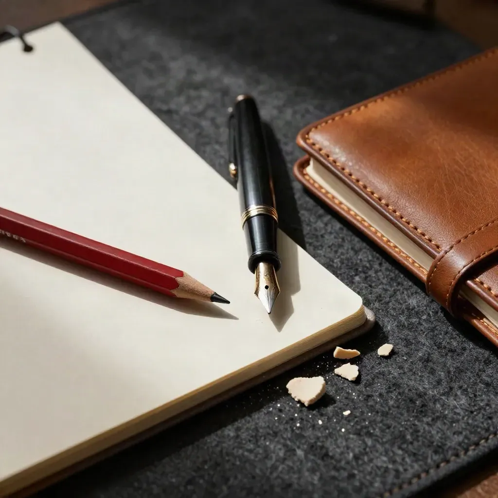 Macro still life of a fountain pen, red pencil and proof notebook on felt with paper dust.