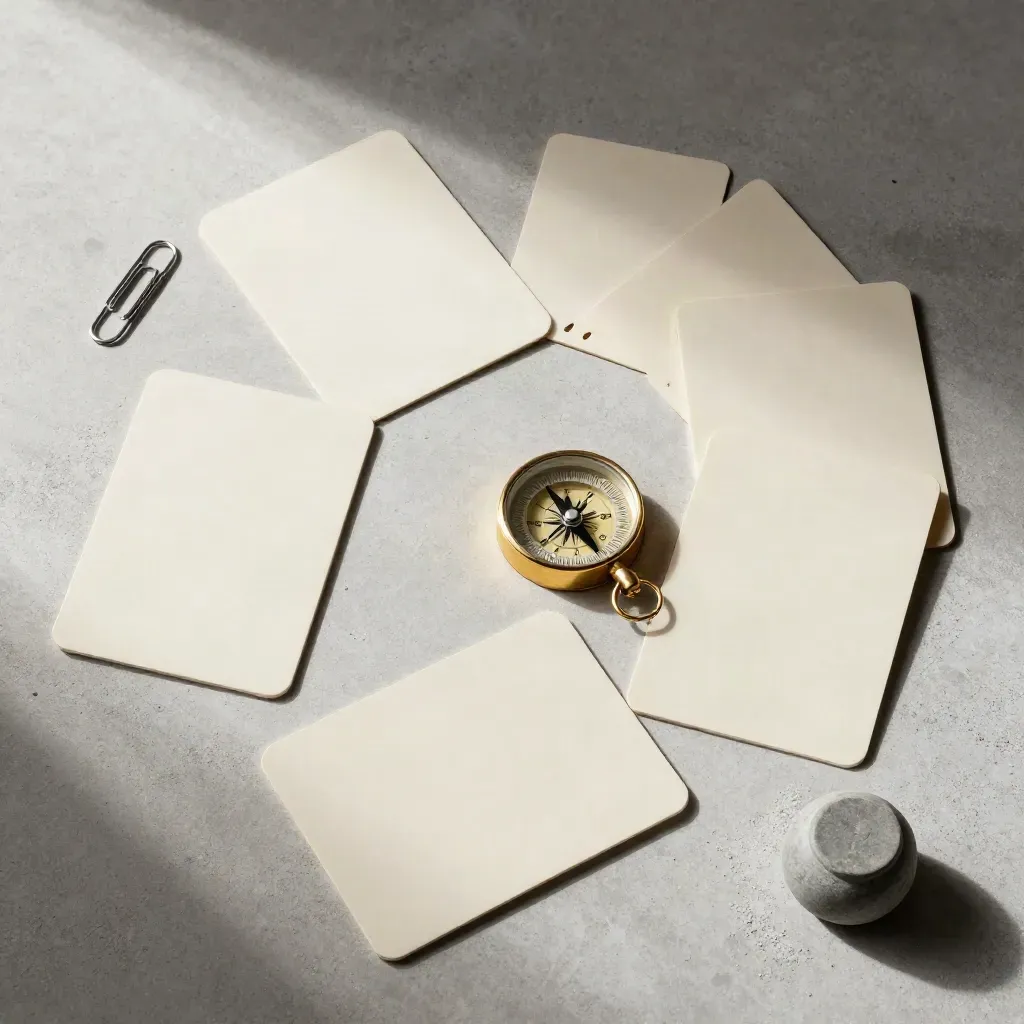 Overhead flatlay of ivory cards, brass compass, paper-clip chain and stone weight on pale concrete.