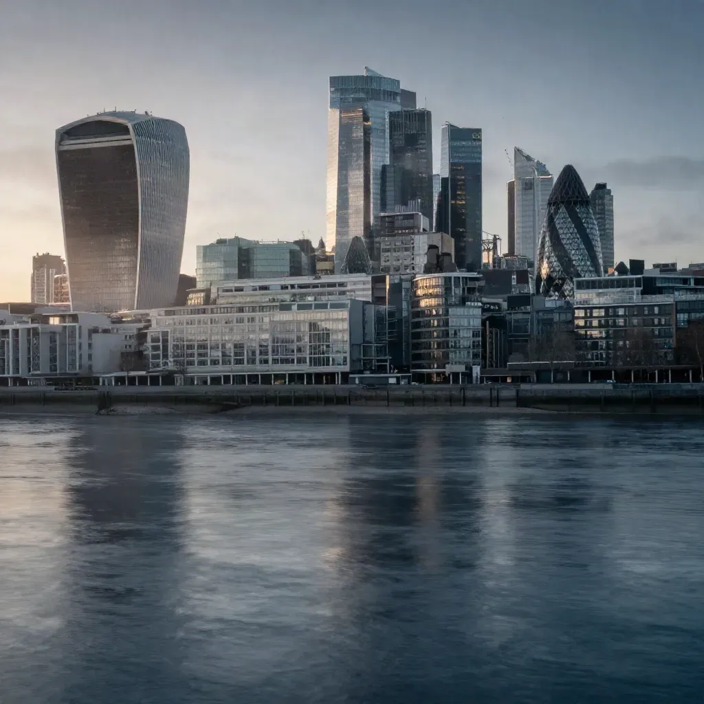 The Shard over the misty Thames at blue hour, with calm water and hazy embankments.