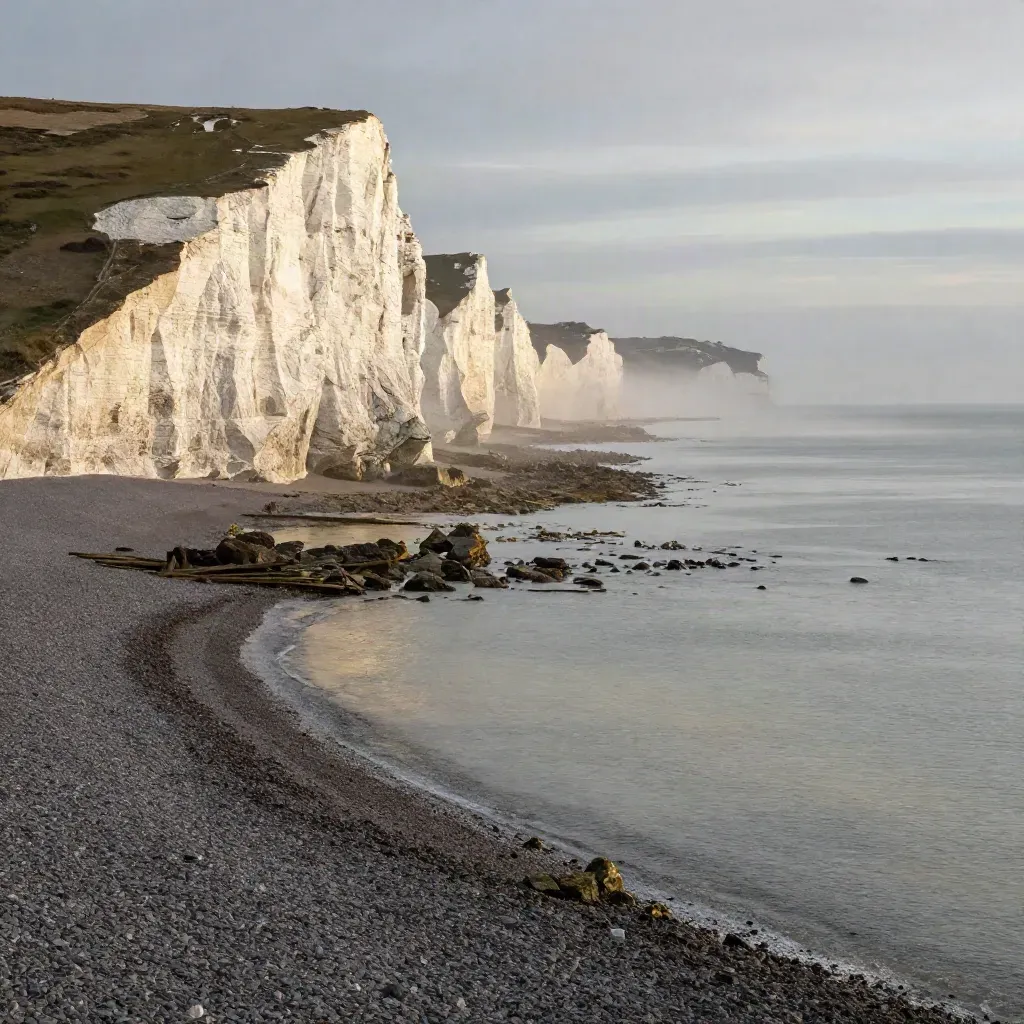 Golden chalk cliffs above misty shingle flats and a calm seafront curve at sunrise